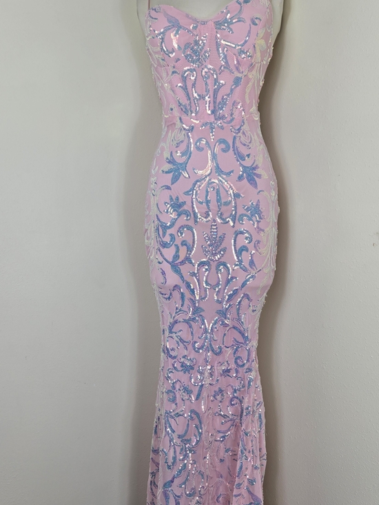 Lulus Dresses & Skirts - Lulus Strapless Pink Gown with Iridescent Blue Sequin Motif